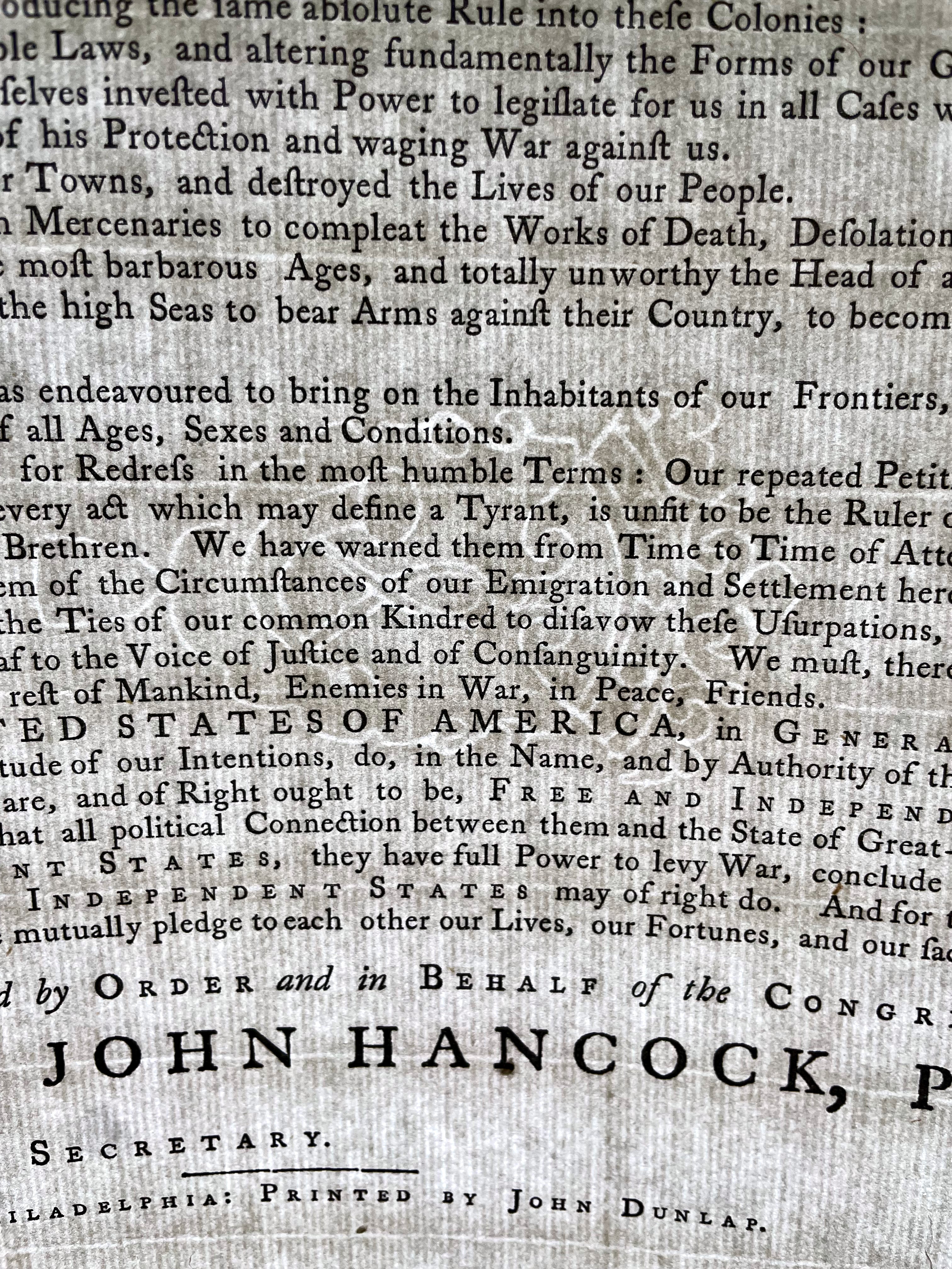 The Declaration of Independence, Dunlap Broadside